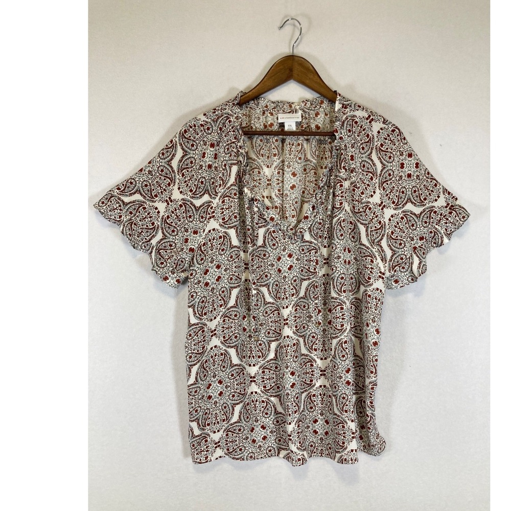 Boho Chic‎ Liz Claiborne Women XXL White Rust Paisley Flutter Sleeve Blouse Top